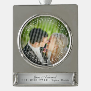 PixDezines Mr & Mrs First Christmas Wedding Photo Silver Plated Banner Ornament