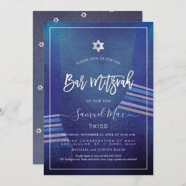 PixDezines Navy Blue+Platinum Talitz Bar Mitzvah Invitation (Front/Back)