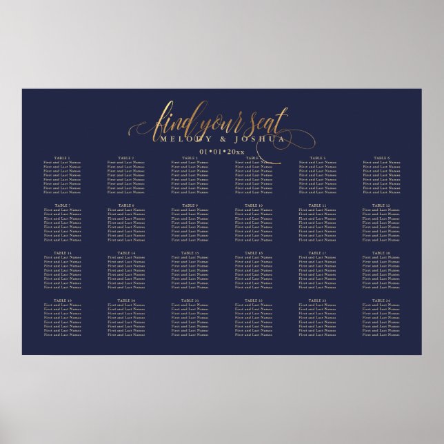 PixDezines Navy+Gold Calligraphy, Seating Chart (Front)