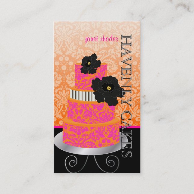 PixDezines Orange+Hot Pink damask cake/pâtisserie Business Card (Front)