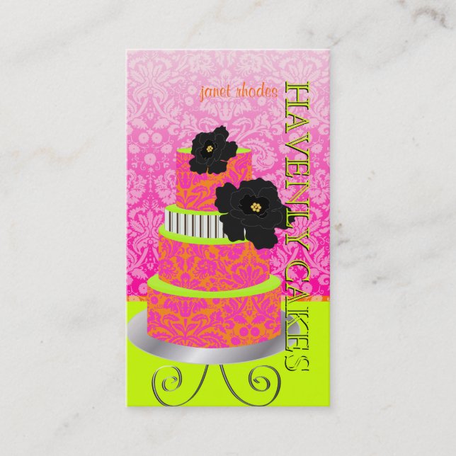 PixDezines Orange+Hot Pink damask cake/pâtisserie Business Card (Front)
