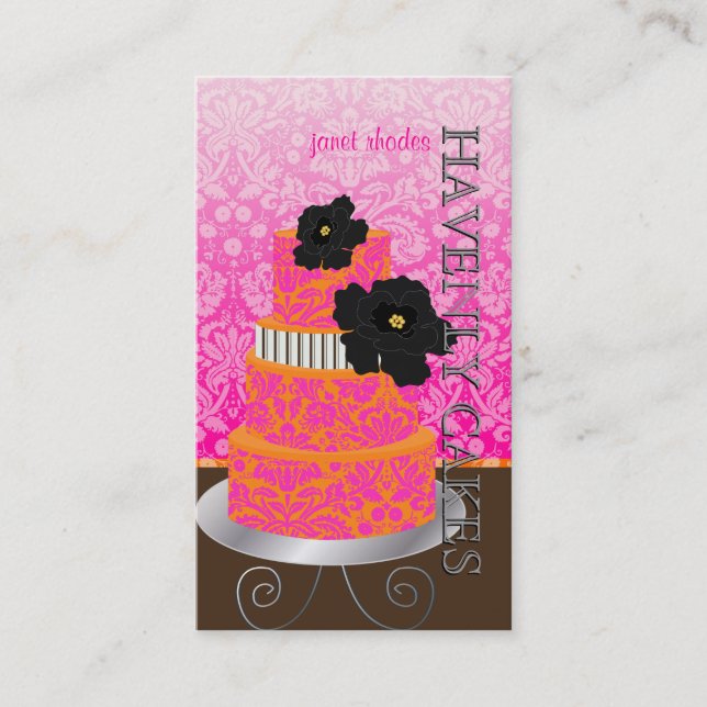 PixDezines Orange+Hot Pink damask cake/pâtisserie Business Card (Front)
