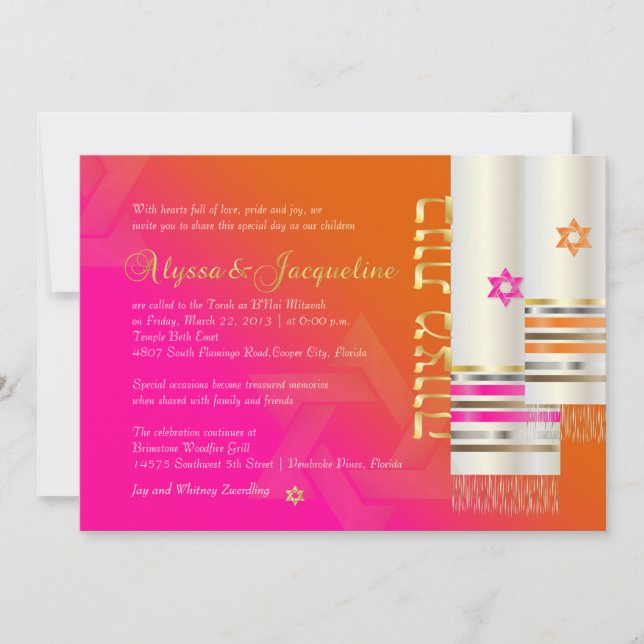 PixDezines Orange/Pink Tallits B'not mitzvah colou Invitation (Front)