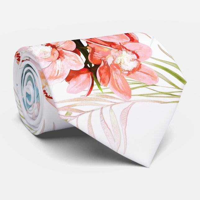 PixDezines Orchid Isle, Peach Orchids Blue Palms Tie (Rolled)
