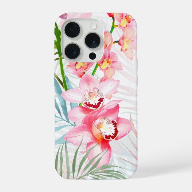 PixDezines Orchid Isle, Pink Orchids Blue Palms iPhone Case (Back)