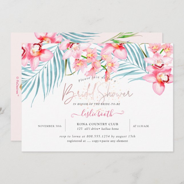 PixDezines Orchid Isle, Tropical Bridal Shower Invitation (Front/Back)