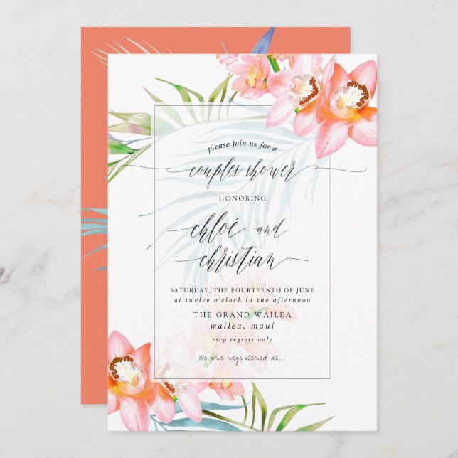 PixDezines Orchid Isle, Tropical Couples Shower Invitation (Front/Back)