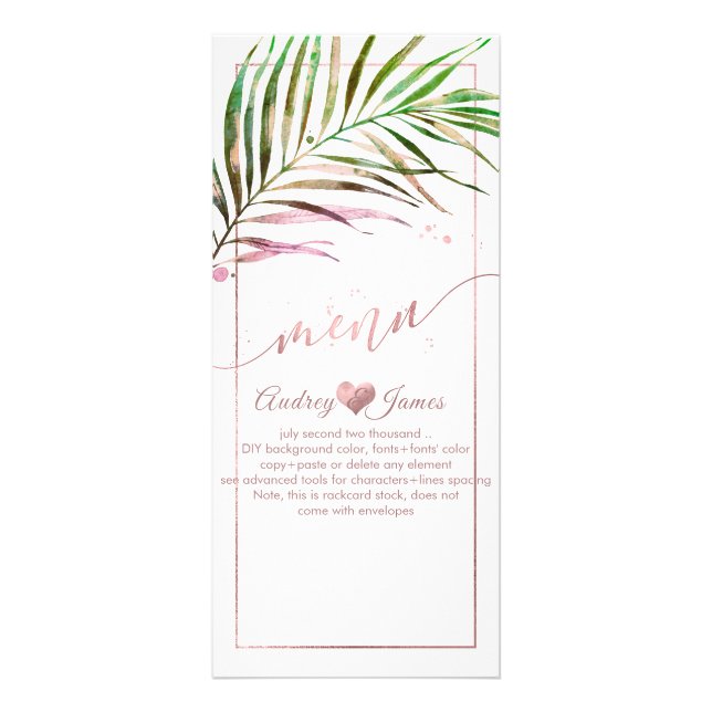 PixDezines Palm Fronds | Faux Rose Gold Menu (Front)