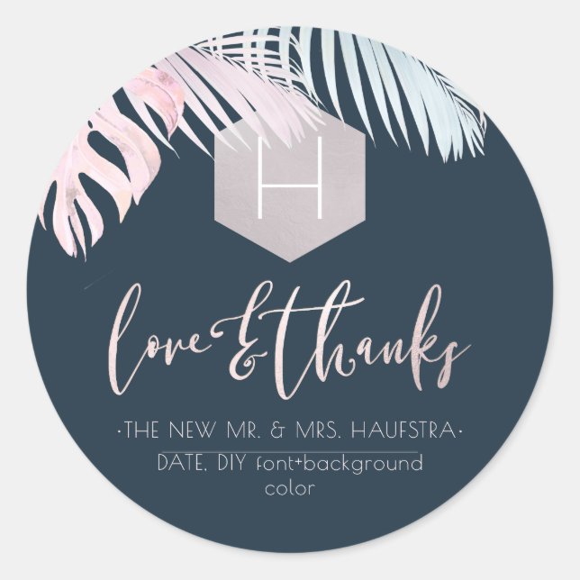PixDezines Palms Monogram Blush Silver, Thank You Classic Round Sticker (Front)
