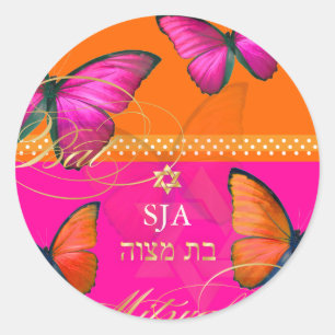 PixDezines Papillon, retro Bat Mitzvah Classic Round Sticker