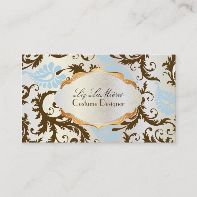 PixDezines pavo damask/chocolate+blue Business Card (Front)