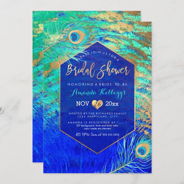 PixDezines Peacock Bridal Shower+Faux Gold Invitation (Front/Back)