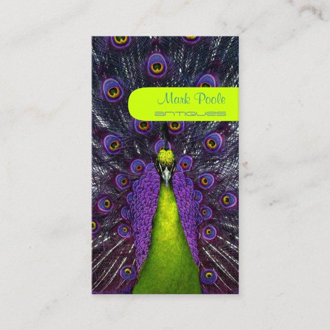 PixDezines peacock feather/purple+emerald Business Card (Front)