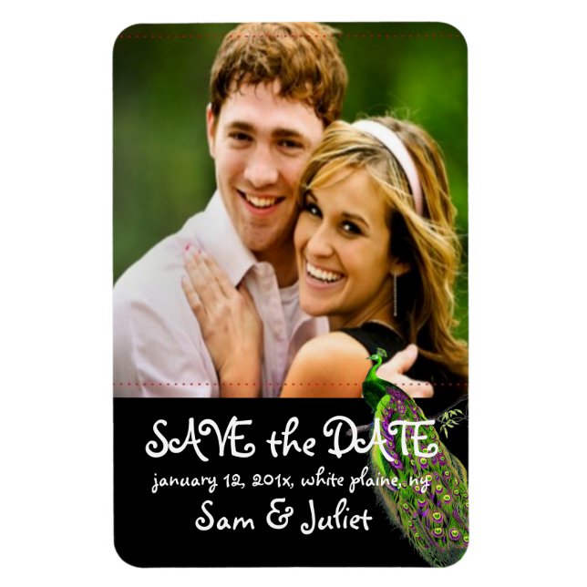 PixDezines peacock photo save date/DIY colour+font Magnet (Vertical)