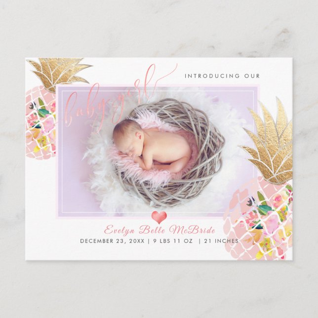 PixDezines Pineapple+Baby Girl, Faux Foil Script Announcement Postcard (Front)