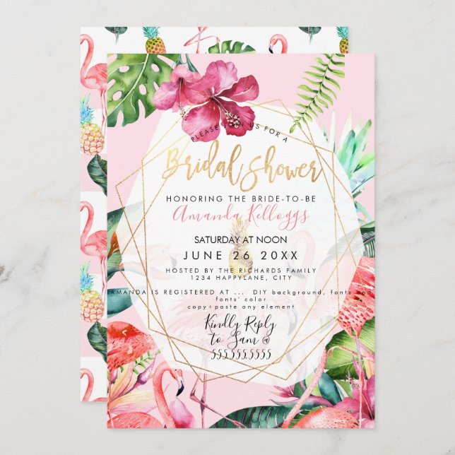 PixDezines Pink Flamigos Bridal Shower+Hibiscus Invitation (Front/Back)