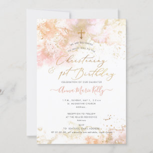 PixDezines Pink H2 Christening+1st Birthday Invita Invitation