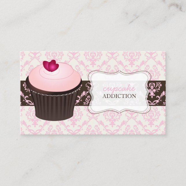 PixDezines pink heart cupcake+chantal damask Business Card (Front)