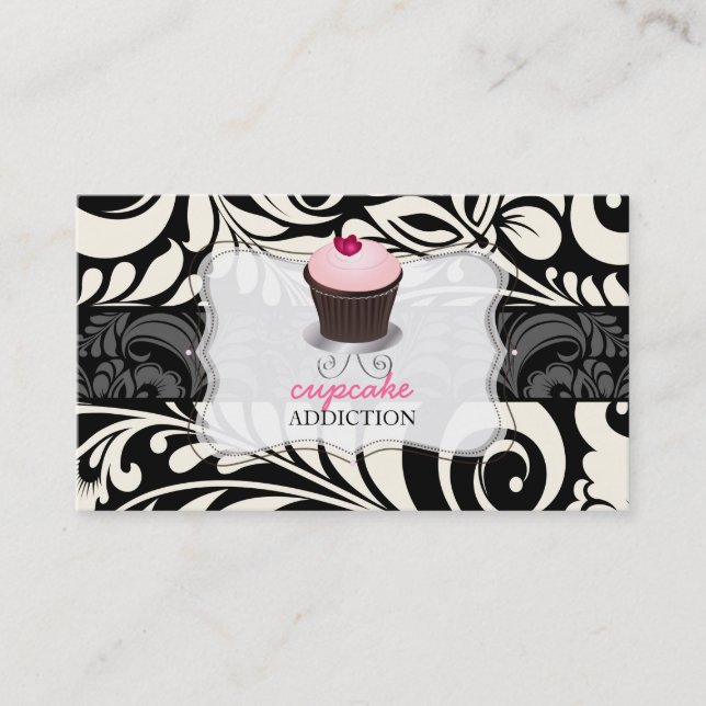 PixDezines pink heart cupcake+damask Business Card (Front)