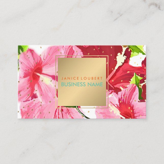 PixDezines Pink/Red/Hibiscus/Gold Specks Business Card (Front)