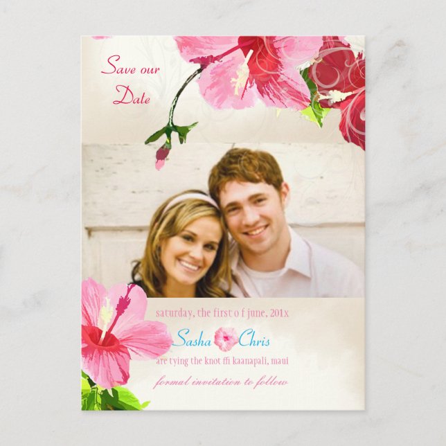 PixDezines pink/red hibiscus/save the date Announcement Postcard (Front)