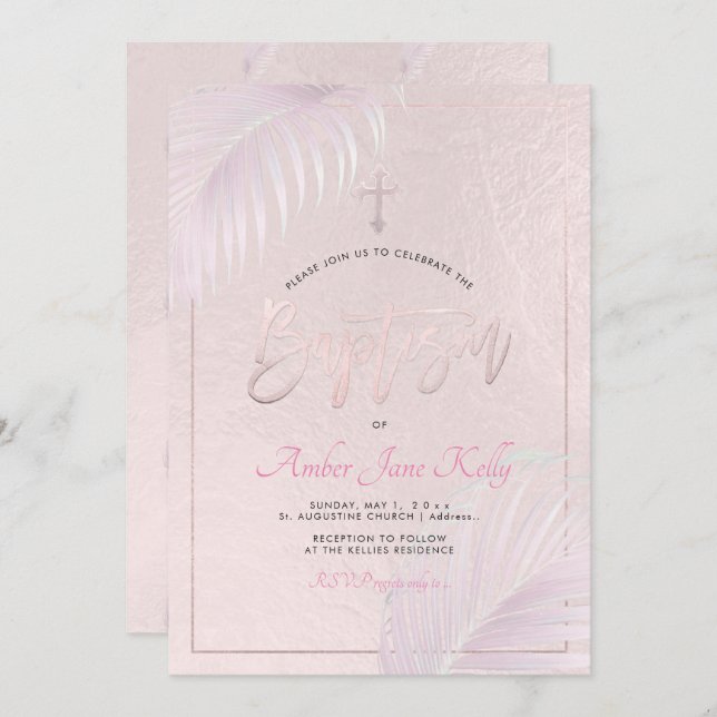 PixDezines Pink Silver Palms Baptism Invitation (Front/Back)