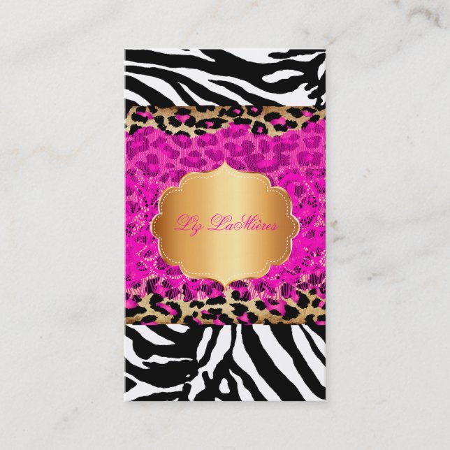 PixDezines pink vintage lace+cheetah+zebra Business Card (Front)