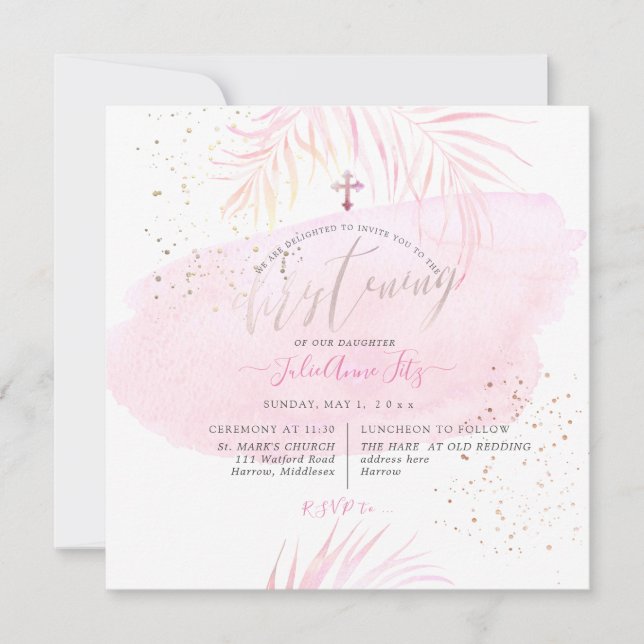 PixDezines Pink Watercolor Palms Christening Invitation (Front)