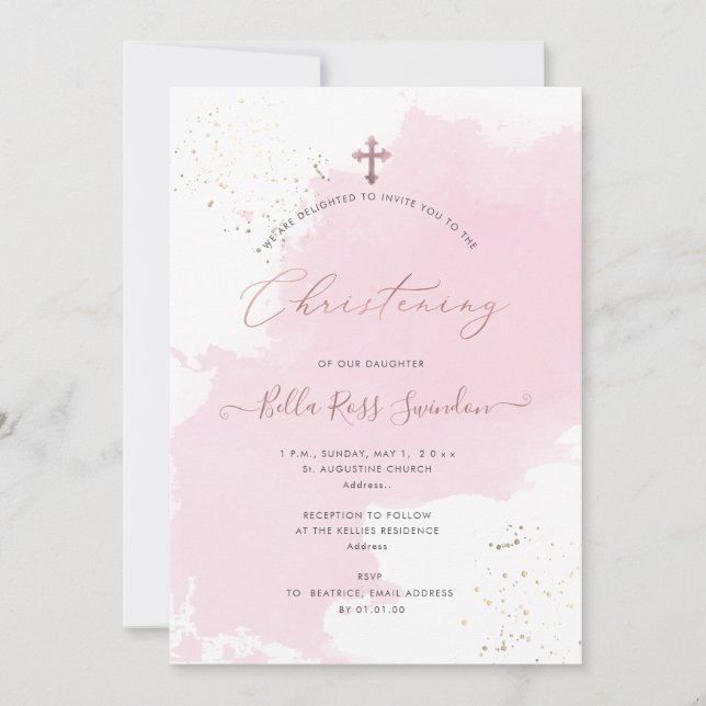 PixDezines Pink Watercolor Swatch Christening Invitation (Front)