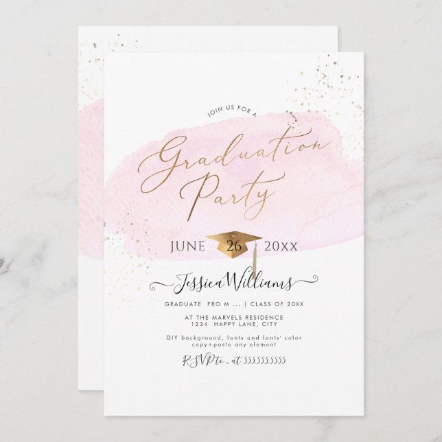 PixDezines Pink Watercolor Swatch Graduation Party Invitation (Front/Back)