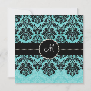 PixDezines Piqué, Damask / Black+Aqua Blue Velvet Invitation