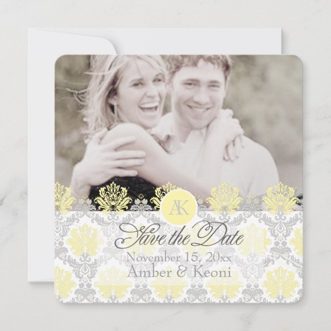 PixDezines pique damask/yellow/grey Save The Date (Front)