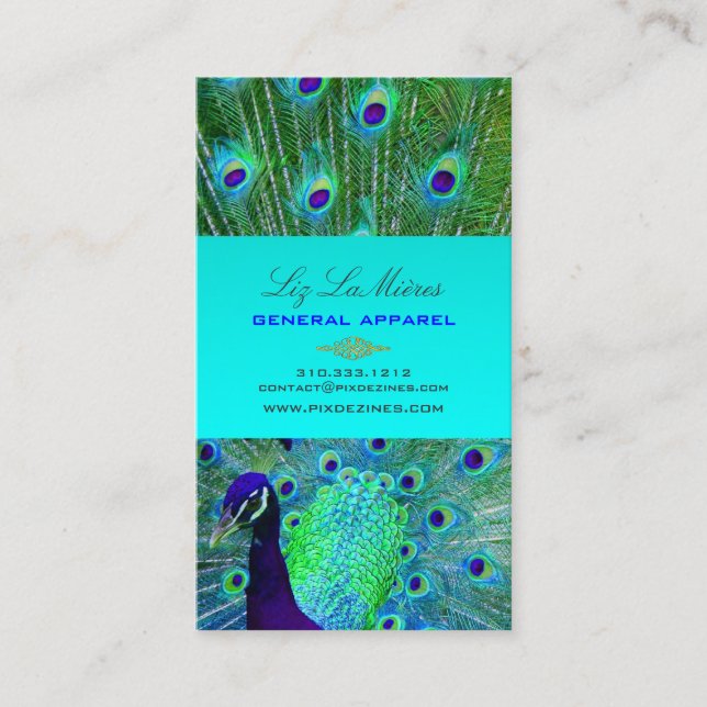 PixDezines Proud Peacock Feather for longevity Business Card (Front)