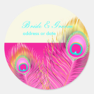 PixDezines psychedelic peacock feather/hot pink Classic Round Sticker