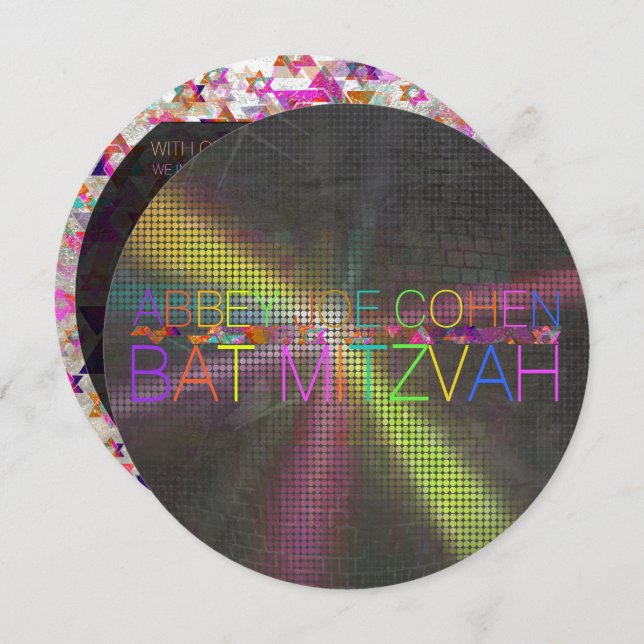 PixDezines psychedelic stars/neon/bat mitzvah Invitation (Front/Back)