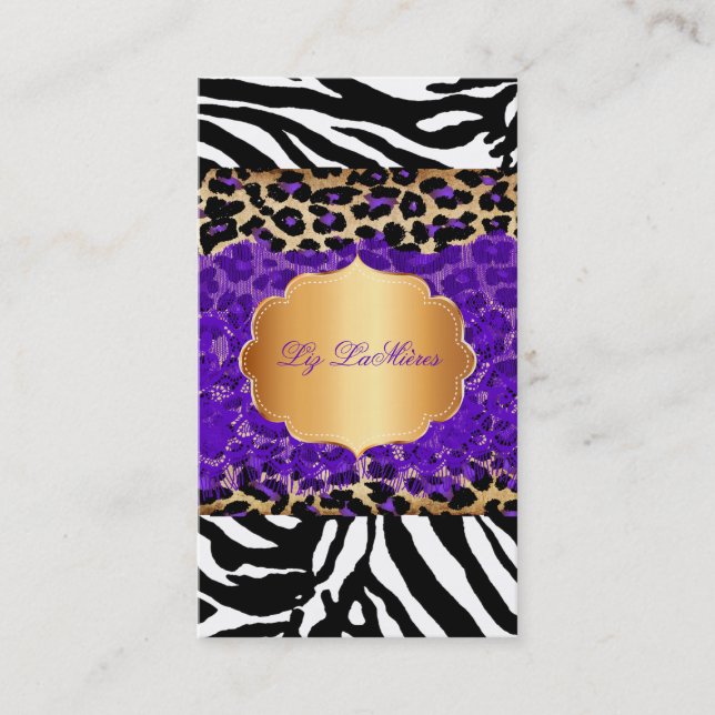 PixDezines purple vintage lace+cheetah+zebra Business Card (Front)
