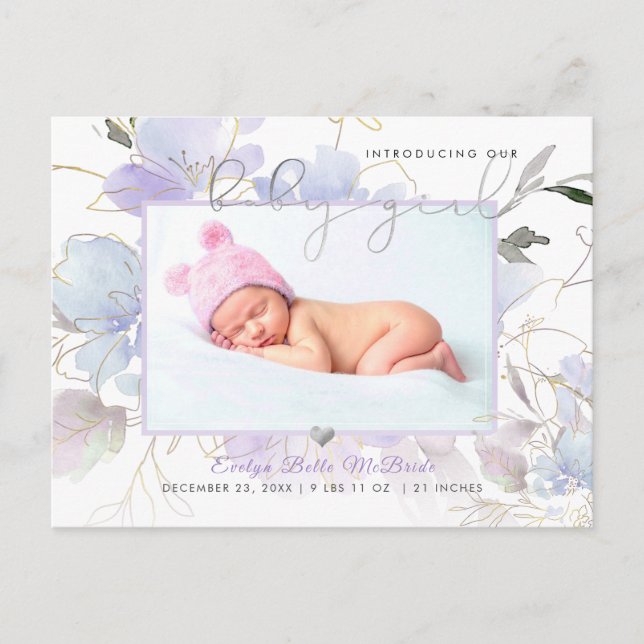 PixDezines Purple Watercolor flowers Girl Birth Postcard (Front)