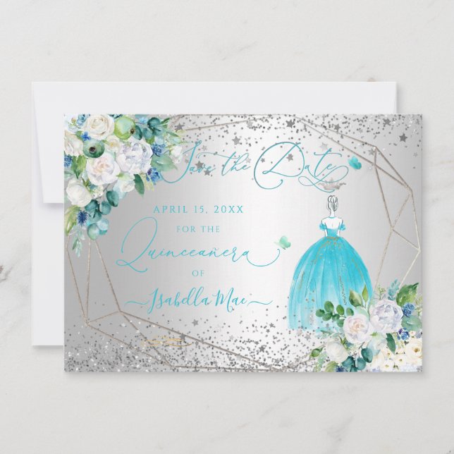 PixDezines Quinceanera Aqua Blue Dress Save Date Invitation (Front)