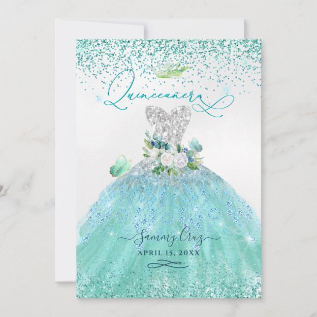 PixDezines Quinceanera Aqua Teal Glitter Gown Invitation (Front)