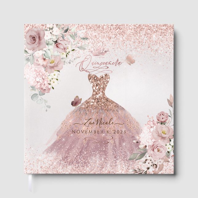 PixDezines Quinceanera Dusty Rose Gold Gown Guest Book (Front)