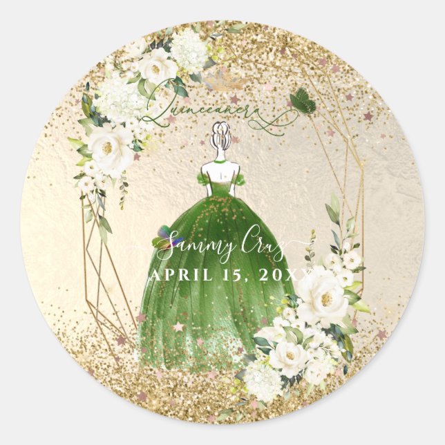 PixDezines Quinceanera H2 Emerald Green Dress Classic Round Sticker (Front)