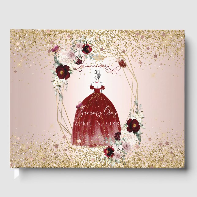 PixDezines Quinceanera H2 Flowers Burgundy Dress Guest Book (Front)
