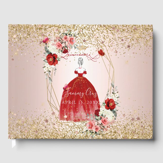 PixDezines Quinceanera H2 Flowers Red Dress Guest Book (Front)