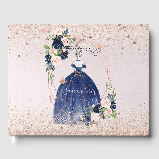 PixDezines Quinceanera Navy Rose Gold H2 Flowers Guest Book (Front)