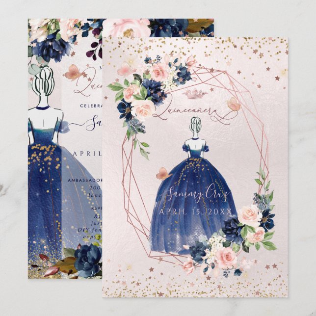 PixDezines Quinceanera Navy Rose Gold H2 Flowers Invitation (Front/Back)
