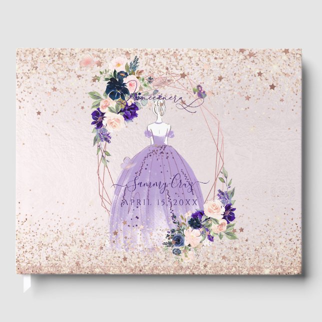 PixDezines Quinceanera Purple Rose Gold H2 Flowers Guest Book (Front)