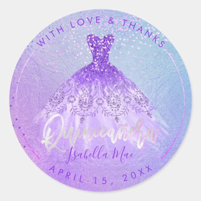 PixDezines Quinceanera Purple+Violet Gown Classic Round Sticker (Front)