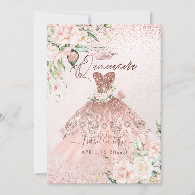 PixDezines Quinceanera Rose Gold Glitter Gown Invitation (Front)