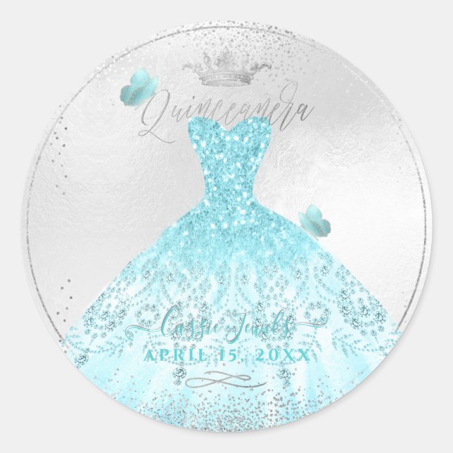 PixDezines Quinceanera Sparkle Blue Ombre Gown Classic Round Sticker (Front)