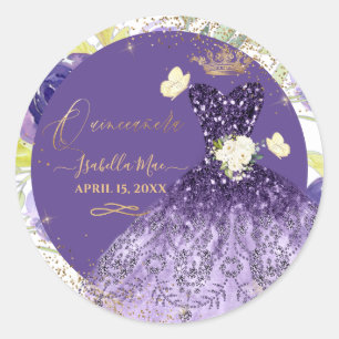 PixDezines Quinceanera Violet Purple Glitter Gown  Classic Round Sticker